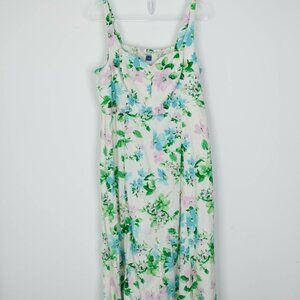 Old Navy Womens Floral Linen Midi Dress Size XL White Smocked Cottagecore Spring